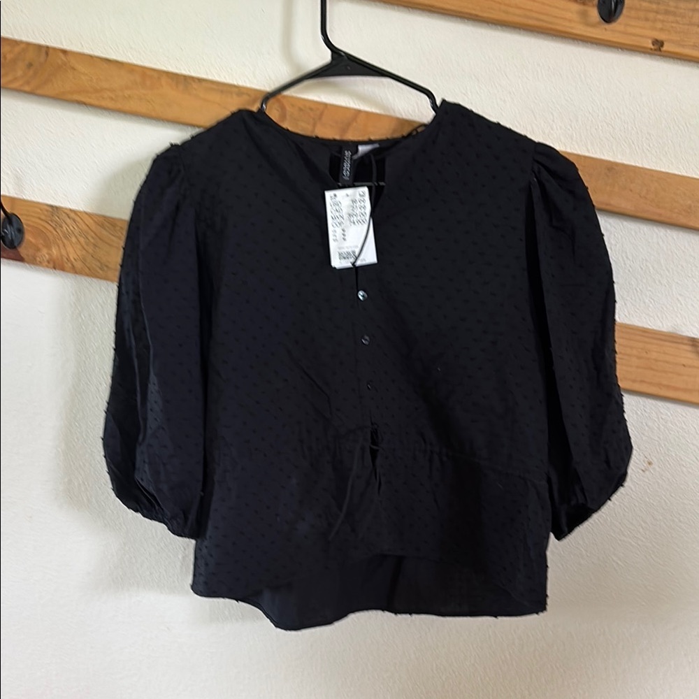 🌸NWT H&M Black Puff Sleeve Mandarin Collar Blouse